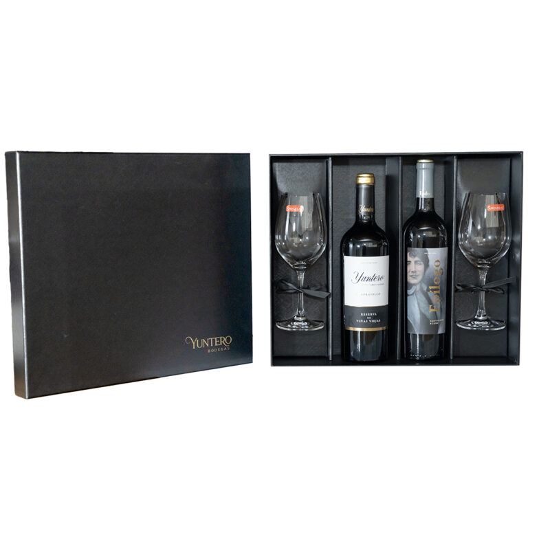 Estuche Yuntero Reserva y Epílogo Blanco Con Copas